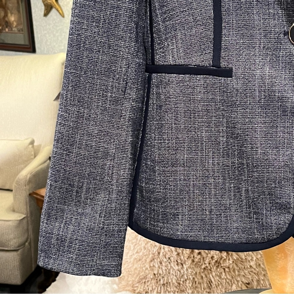 TOMMY HILFIGER Womens 10 Navy Blue Tweed Linen Look Jacket Blazer Lapel Logo Pin - Picture 7 of 16